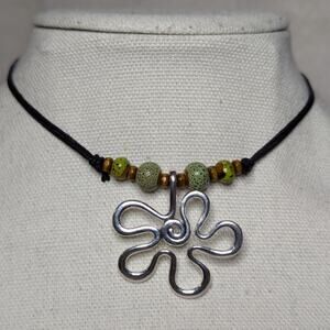 Wavy Flower Charm Green Ceramic Wooden Beaded Boho Whimsical Y2K Choker Necklace